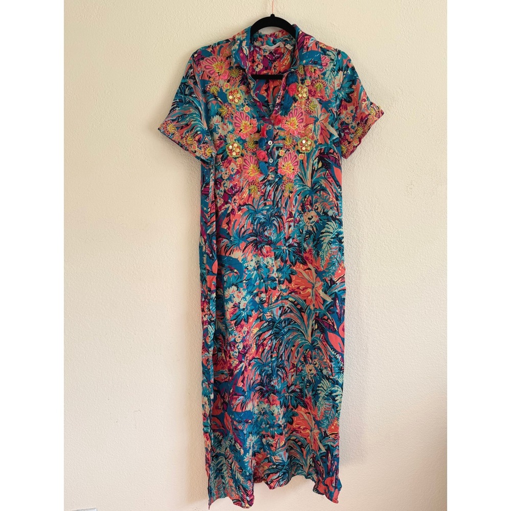 Soft Surroundings Florence Tropical Multi Floral Embroidered Maxi Shirt Dress M